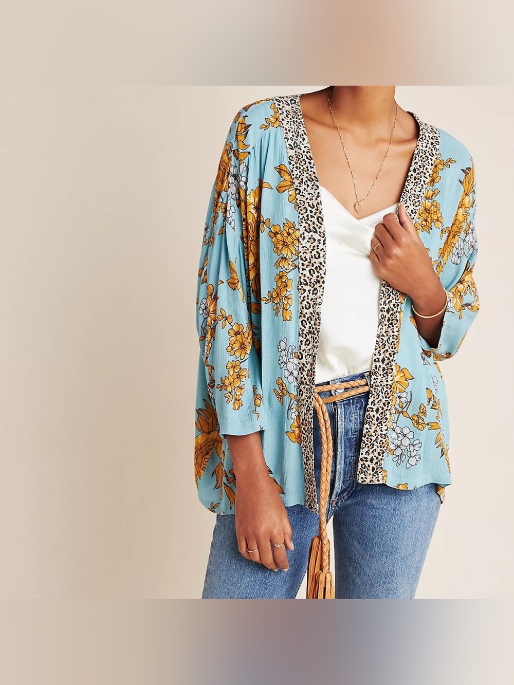 Andersen & Lauth Anthropologie Women's Zoe Floral Leopard Trim Kimono One Size